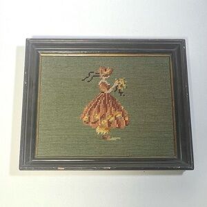 Vintage Needlepoint Girl Wearing Bonnet holding a Bouquet of Flowers, Framed